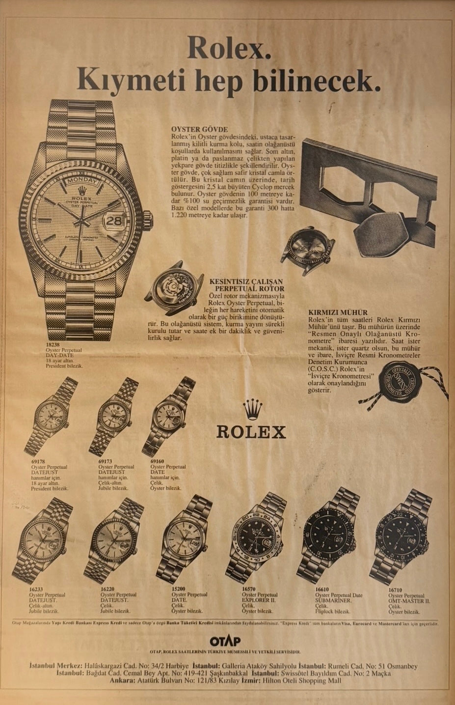 Rolex Türkiye gazete arşivinden 1993 Orijinal Türkiye Dönem Reklamıdır (Sonradan Baskı Değildir)