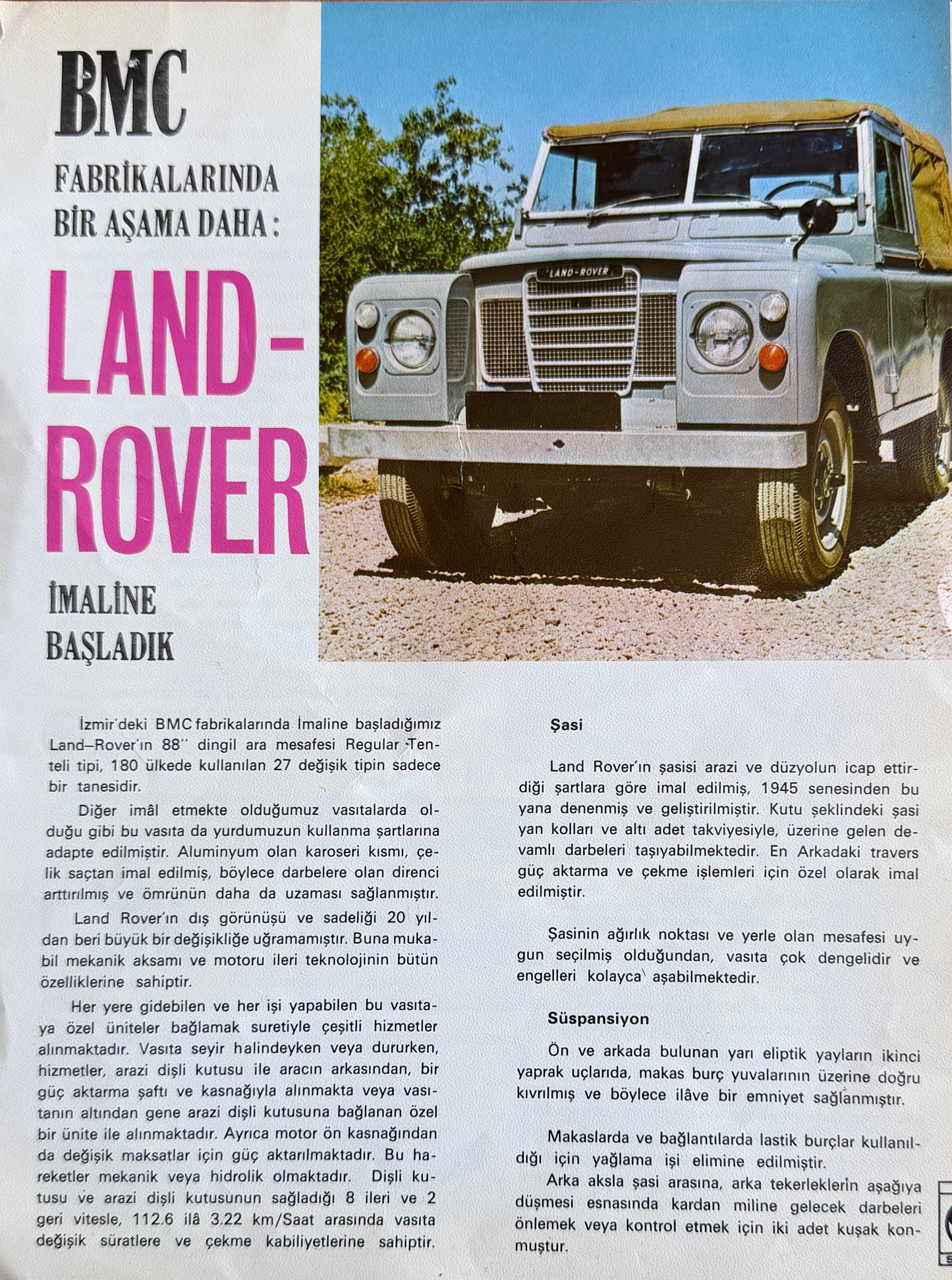 BMC LAND-ROVER Defender İmaline Başladık - Orijinal Dönem Reklam Sayfasıdır (Sonradan Baskı Değildir).