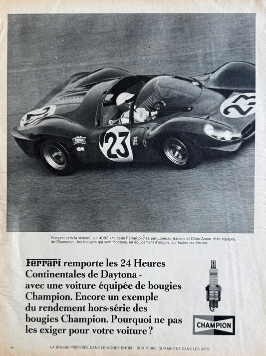 Ferrari – Daytona 24 Saat Zaferi / Champion Buji Temalı Orijinal Dönem Reklam Sayfasıdır (Sonradan Baskı Değildir).