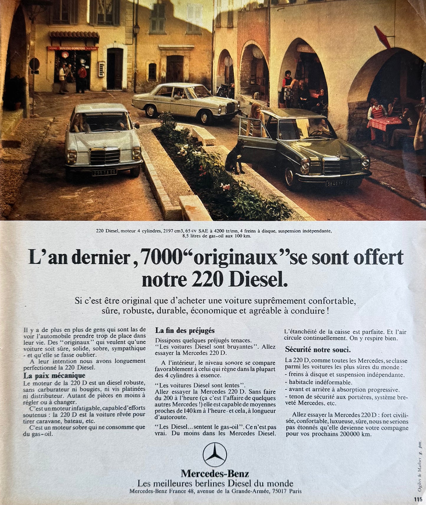 Mercedes-Benz W114 W115 220 Diesel – Temalı Orijinal Dönem Reklam Sayfasıdır (Sonradan Baskı Değildir).
