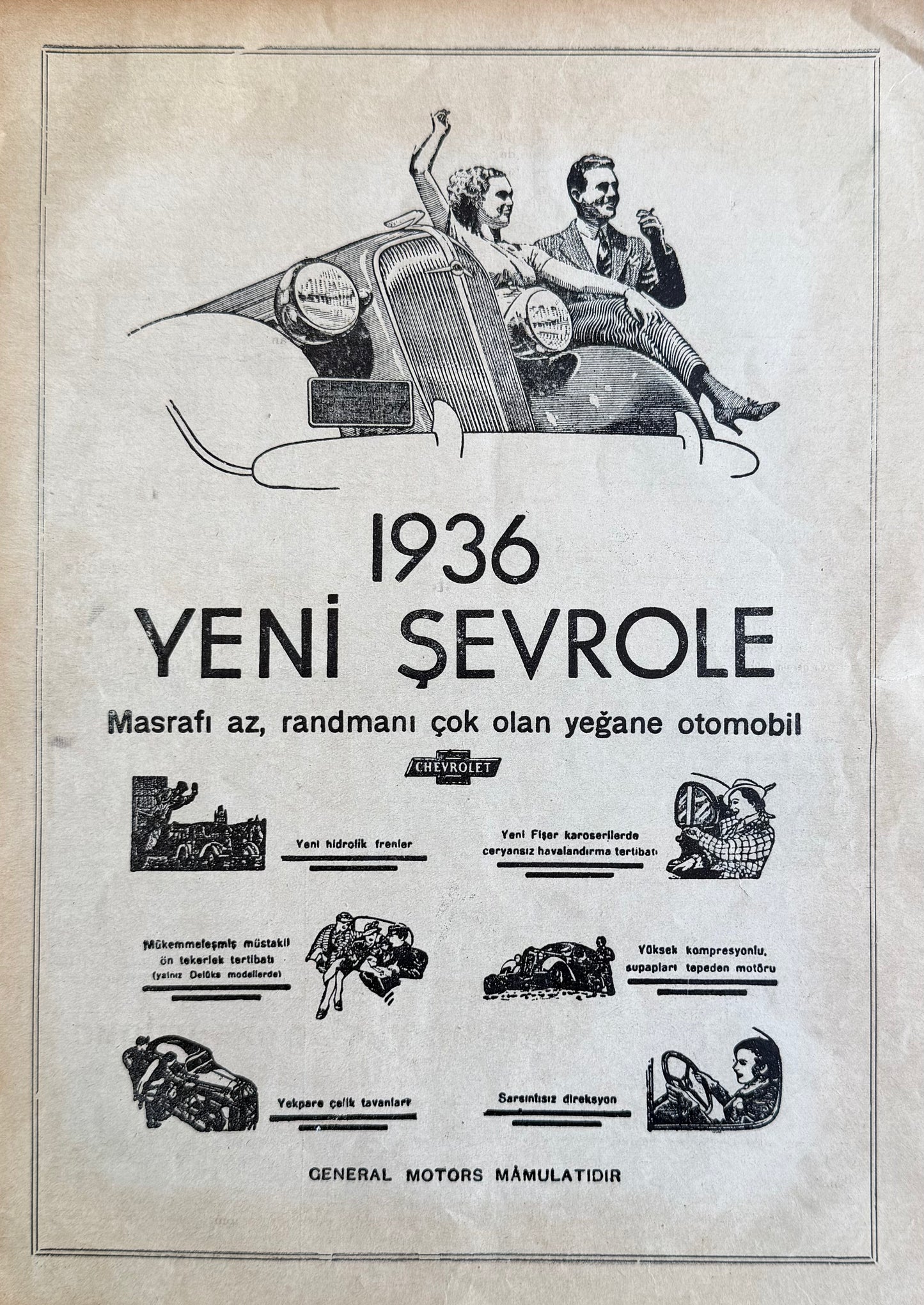 Chevrolet – 1936 “Yeni Şevrole” Orijinal Türkiye Reklam Sayfasıdır (Sonradan Baskı Değildir).