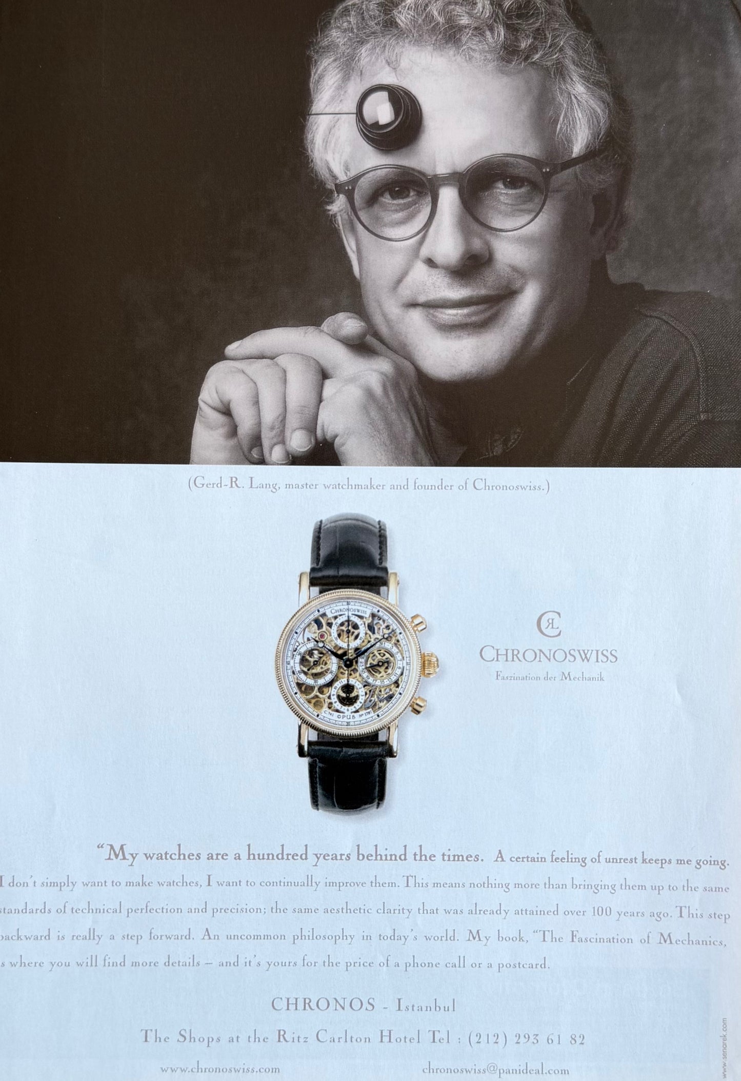 Chronoswiss – Gerd-R. Lang İmzalı Türkiye Orijinal Dönem Saat Reklam Sayfasıdır (Sonradan Baskı Değildir).