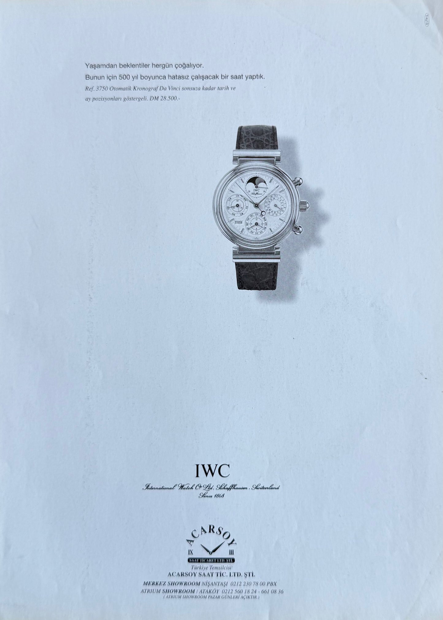 IWC Da Vinci - Orijinal Türkiye Reklam Sayfasıdır (Sonradan Baskı Değildir).
