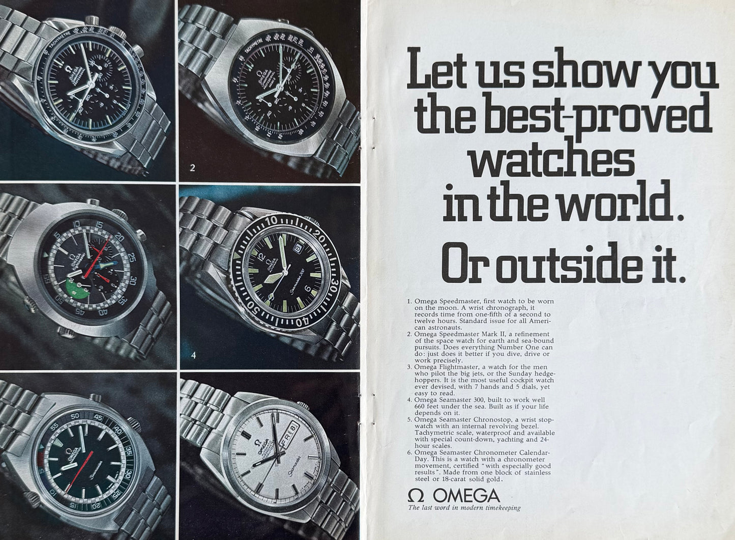 Omega – “The Best-Proved Watches in the World. Or Outside It.” Orijinal Çift Sayfa Reklamdır (Sonradan Baskı Değildir).