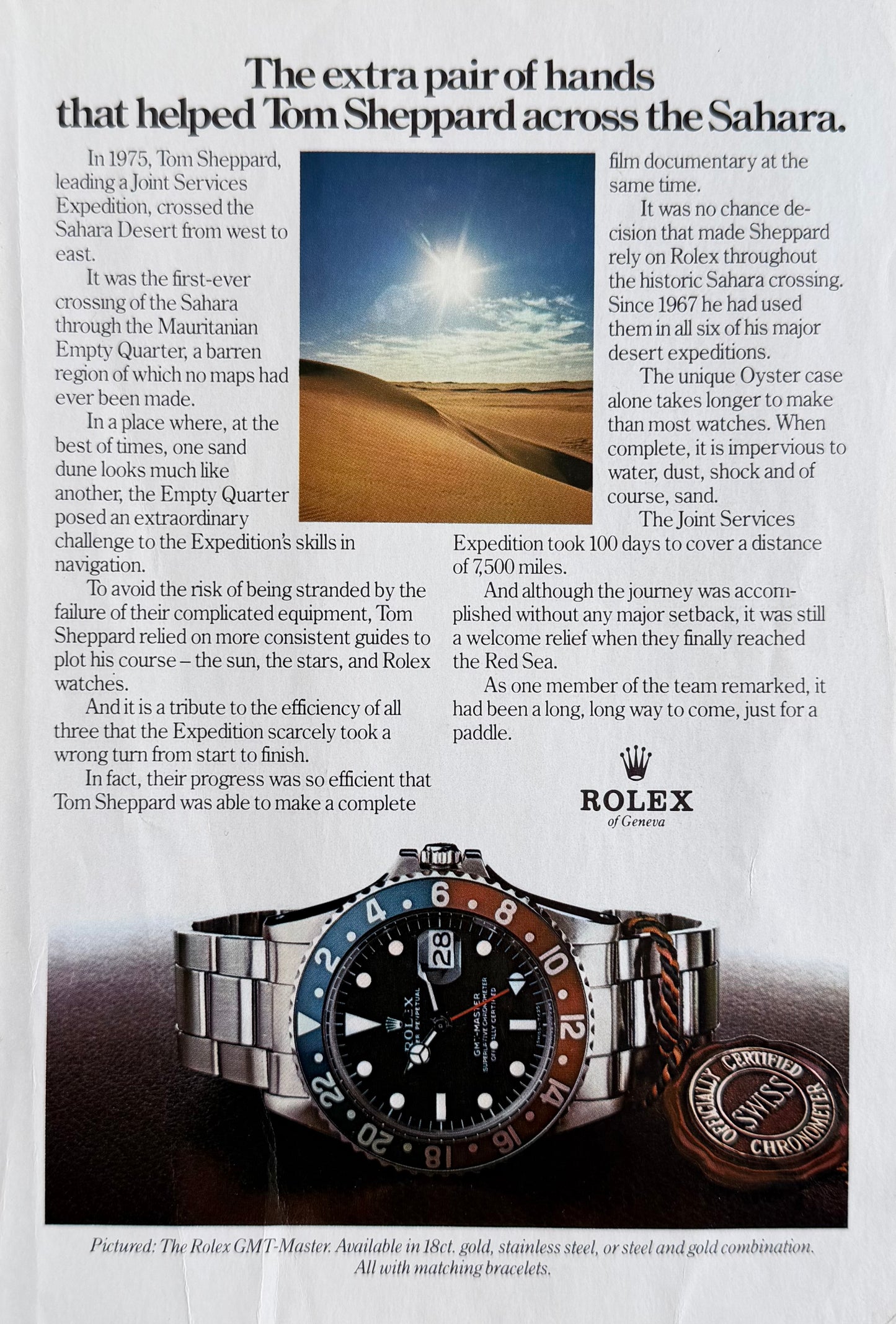 Rolex GMT Master Pepsi – “The Extra Pair of Hands That Helped Tom Sheppard Across the Sahara” Orijinal Dönem Reklam Sayfasıdır (Sonradan Baskı Değildir).