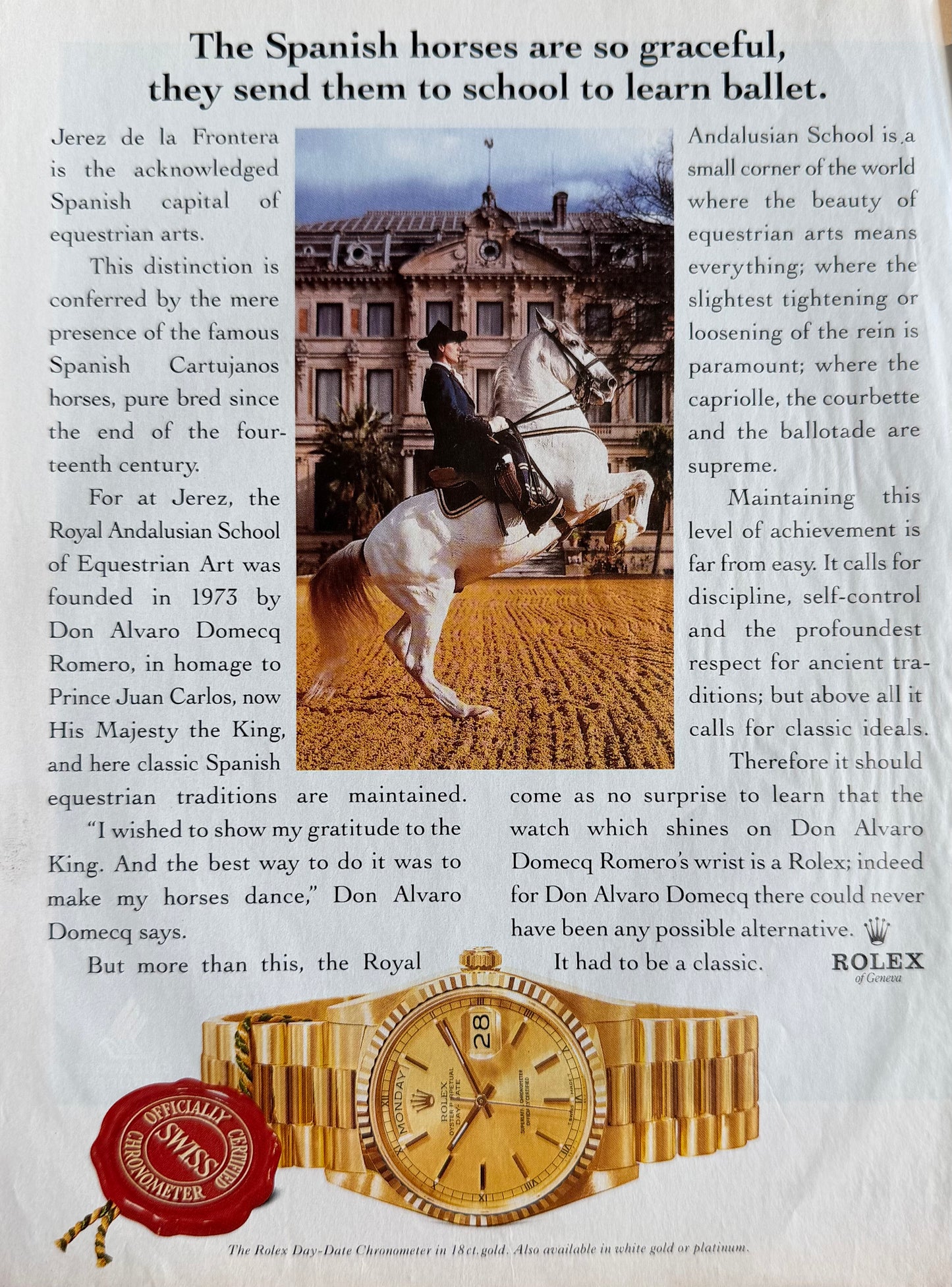Rolex Day-Date – “The Spanish Horses Are So Graceful…” Orijinal Dönem Reklam Sayfasıdır (Sonradan Baskı Değildir).