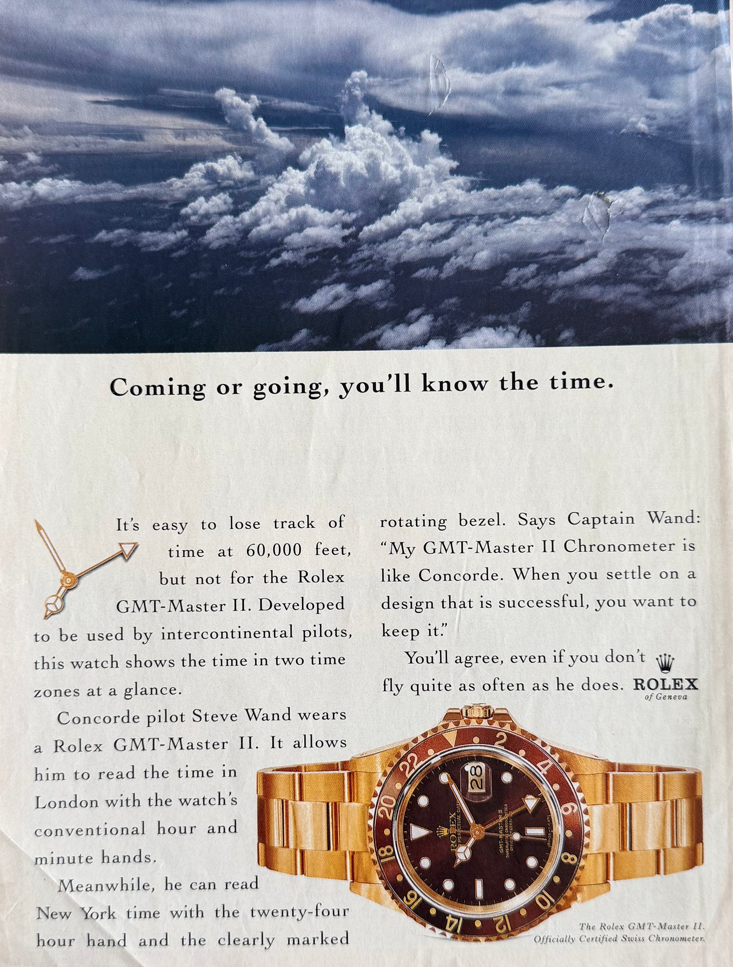 Rolex GMT Master II Gold – Concorde Pilot “Coming or Going, You’ll Know the Time.” Orijinal Dönem Reklam Sayfasıdır (Sonradan Baskı Değildir).