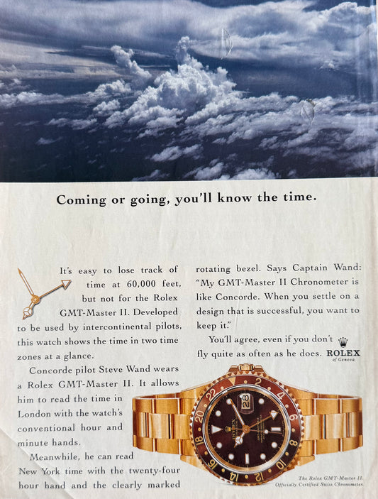 Rolex GMT Master II Gold – Concorde Pilot “Coming or Going, You’ll Know the Time.” Orijinal Dönem Reklam Sayfasıdır (Sonradan Baskı Değildir).