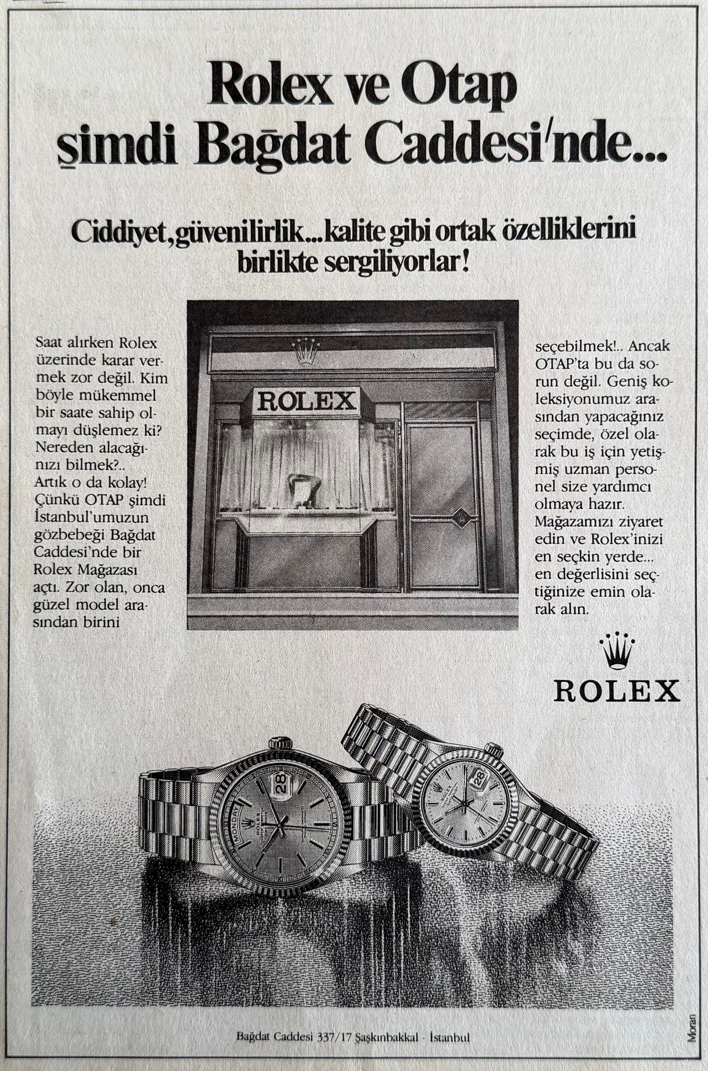 Rolex & OTAP “Bağdat Caddesi Açılışı” 1986 Orijinal Türkiye Dönem Reklamıdır (Sonradan Baskı Değildir).