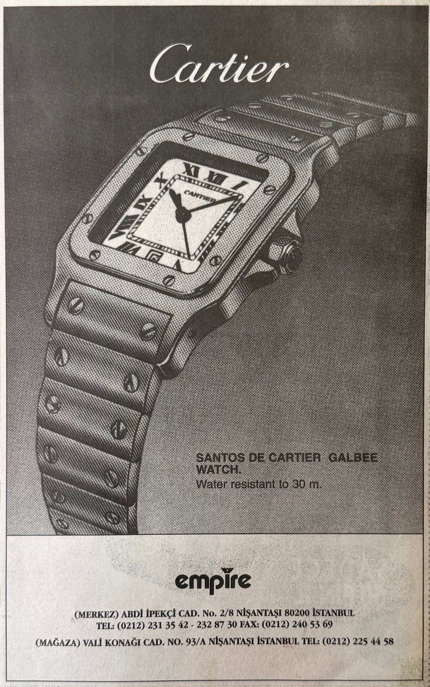 Cartier “Santos“ 1995 Türkiye Orijinal Dönem Reklamıdır (Sonradan Baskı Değildir).