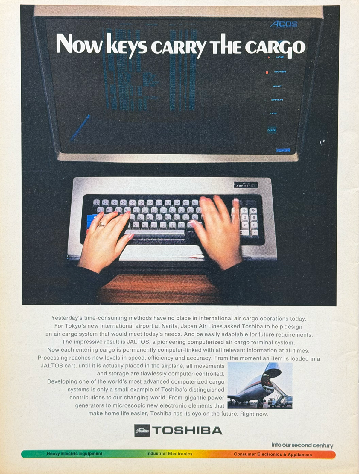 Toshiba JALTOS Hava Kargo Bilgisayar Sistemi “Now Keys Carry the Cargo” Vintage İngilizce Orijinal Dönem Reklamıdır (Sonradan Baskı Değildir)