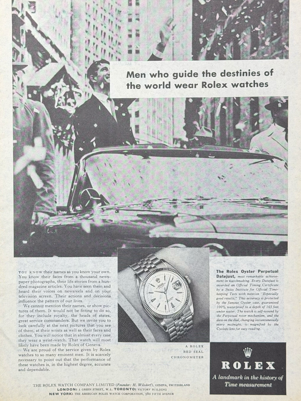 Rolex Oyster Perpetual Datejust “Men Who Guide the Destinies of the World” Vintage İngilizce Orijinal Dönem Reklamıdır (Sonradan Baskı Değildir)