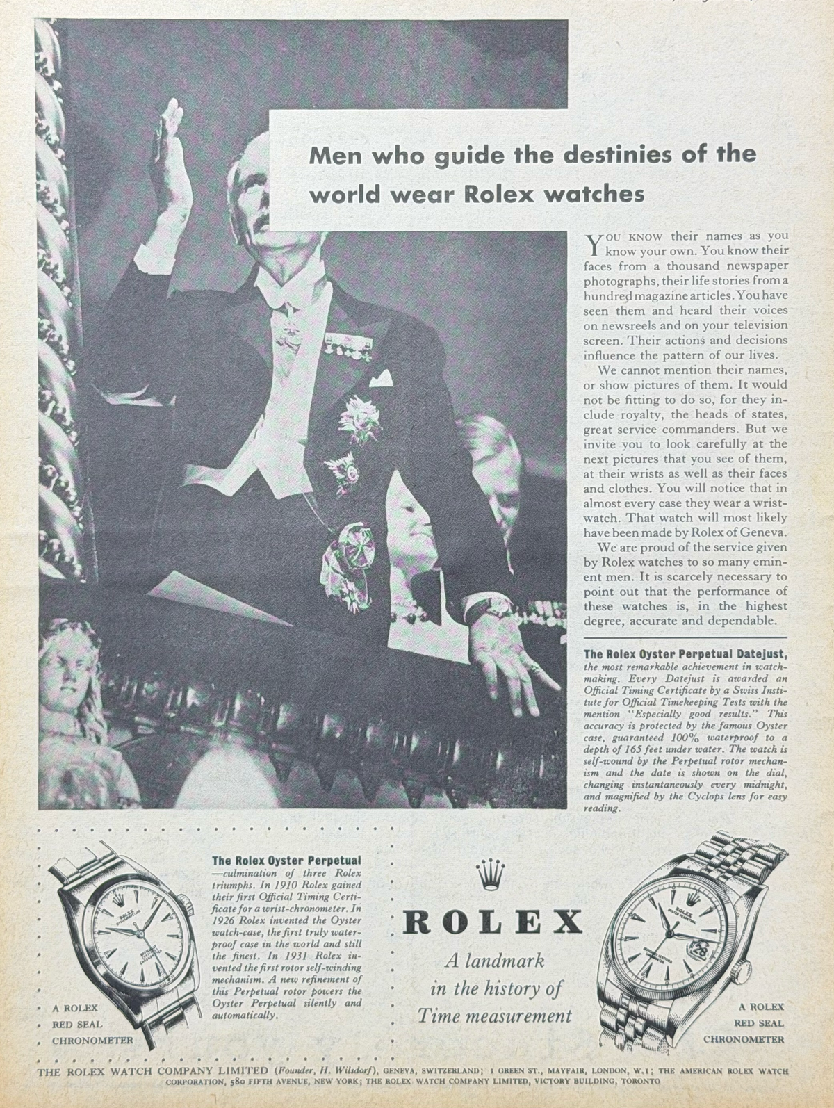 Rolex Oyster Perpetual ve Datejust El İlustrasyonlu Vintage İngilizce Orijinal Dönem Reklamıdır (Sonradan Baskı Değildir)