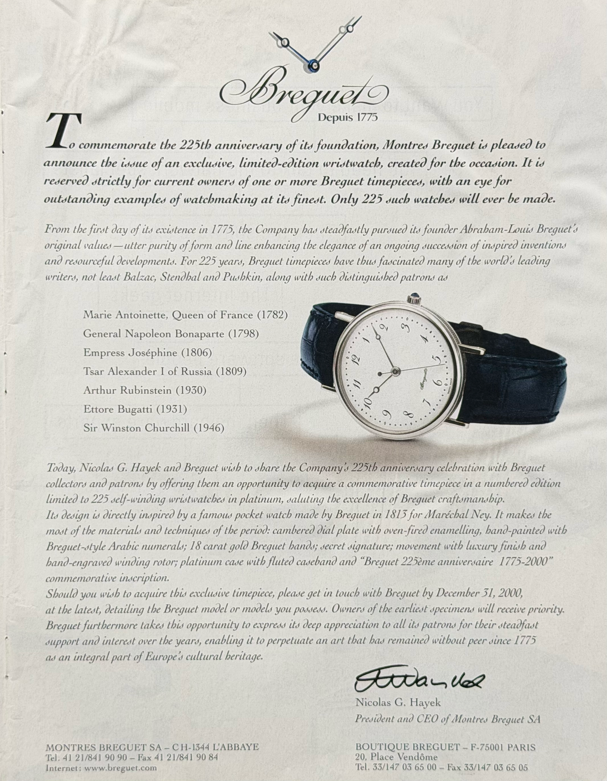 Breguet 225. Yıl Platin Limited Edition “Depuis 1775” Vintage İngilizce Orijinal Dönem Reklamıdır (Sonradan Baskı Değildir)