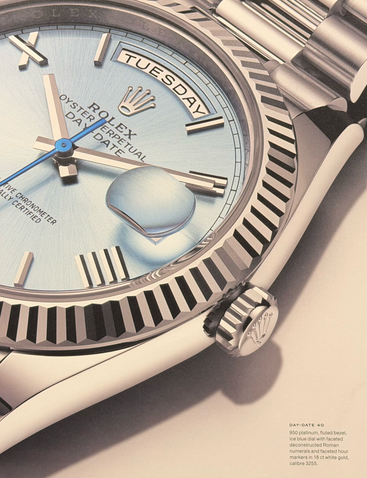 Rolex Oyster Perpetual Day-Date 40 Platin Buz Mavisi Kadran İngilizce Orijinal Dergi Reklamıdır (Sonradan Baskı Değildir)