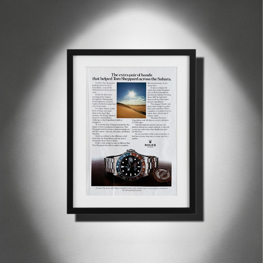 Rolex GMT Master Pepsi – “The Extra Pair of Hands That Helped Tom Sheppard Across the Sahara” Orijinal Dönem Reklam Sayfasıdır (Sonradan Baskı Değildir).