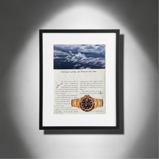 Rolex GMT Master II Gold – Concorde Pilot “Coming or Going, You’ll Know the Time.” Orijinal Dönem Reklam Sayfasıdır (Sonradan Baskı Değildir).