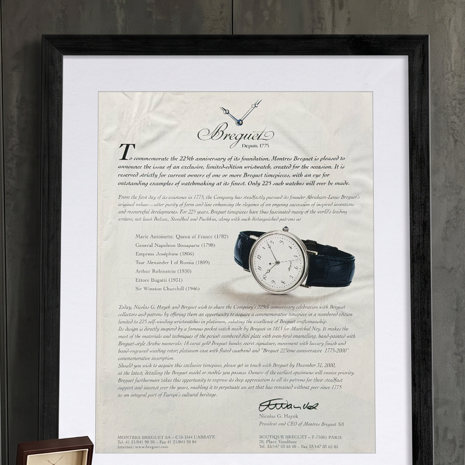 Breguet 225. Yıl Platin Limited Edition “Depuis 1775” Vintage İngilizce Orijinal Dönem Reklamıdır (Sonradan Baskı Değildir)