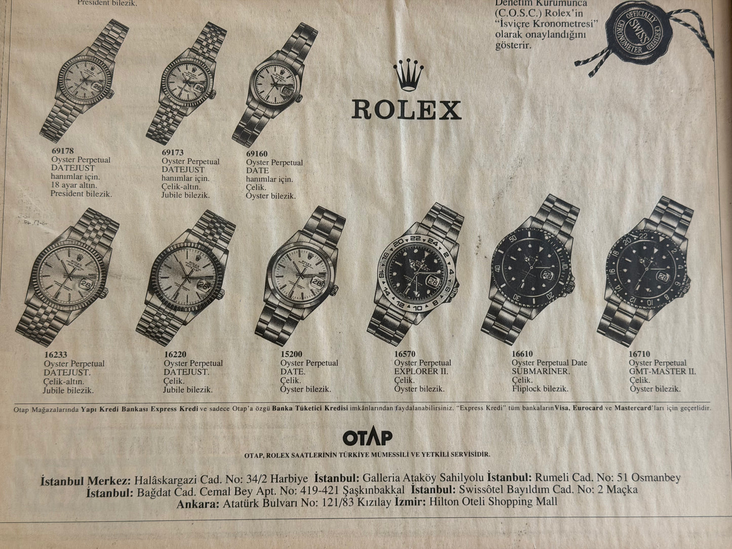 Türkiye gazete arşivinden Rolex 1990'lar. Orijinal Dönem Reklamıdır (Sonradan Baskı Değildir)