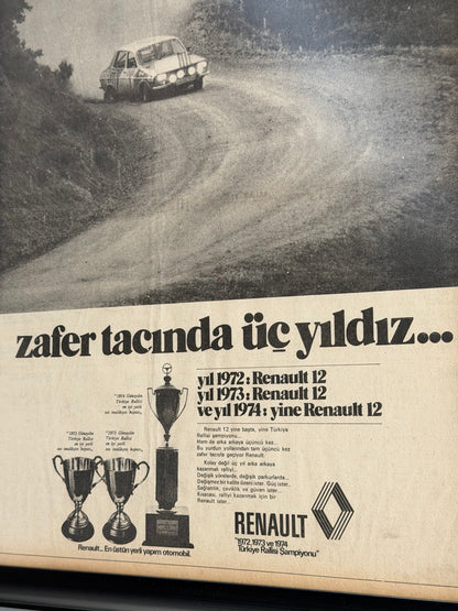 Renault 12 Zafer Tacında Üç Yıldız Orijinal Türkiye Dönem Reklamıdır (Sonradan Baskı Değildir)