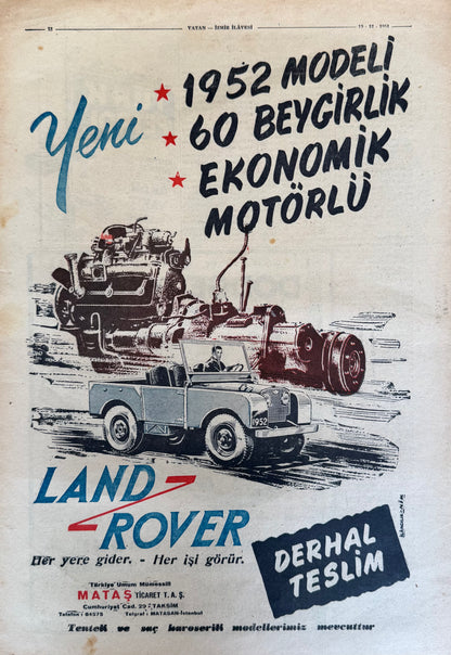 LAND ROVER 1952 Model – Orijinal Dönem Gazete Reklam Sayfasıdır (Sonradan Baskı Değildir).