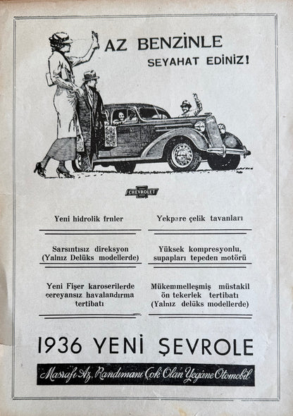 Chevrolet – “Az Benzinle Seyahat Ediniz!” 1936 Orijinal Türkiye Reklam Sayfasıdır (Sonradan Baskı Değildir).