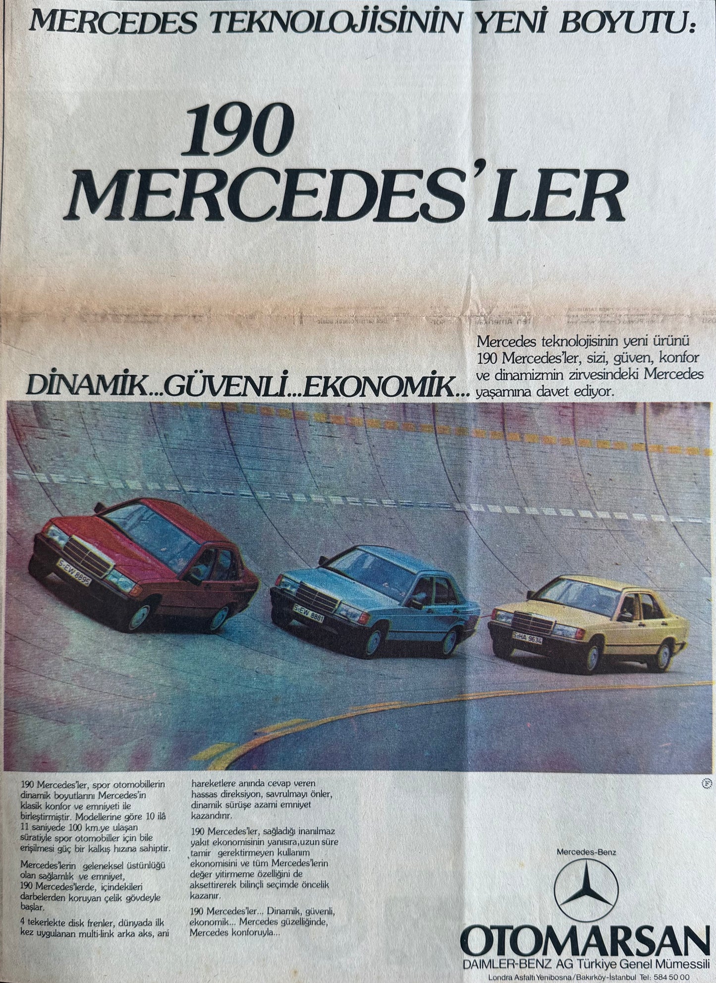Mercedes-Benz 190 (W201) – “Mercedes Teknolojisinin Yeni Boyutu” Orijinal Türkiye Reklam Sayfasıdır (Sonradan Baskı Değildir).