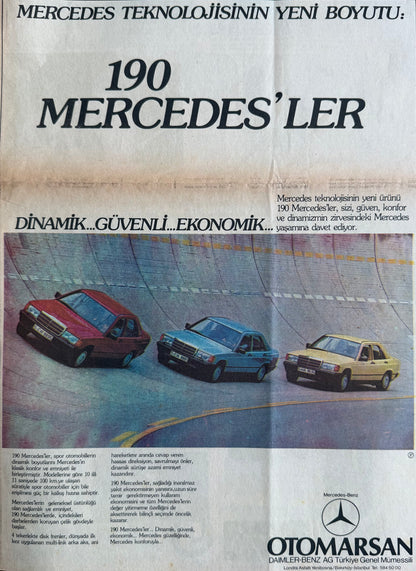 Mercedes-Benz 190 (W201) – “Mercedes Teknolojisinin Yeni Boyutu” Orijinal Türkiye Reklam Sayfasıdır (Sonradan Baskı Değildir).