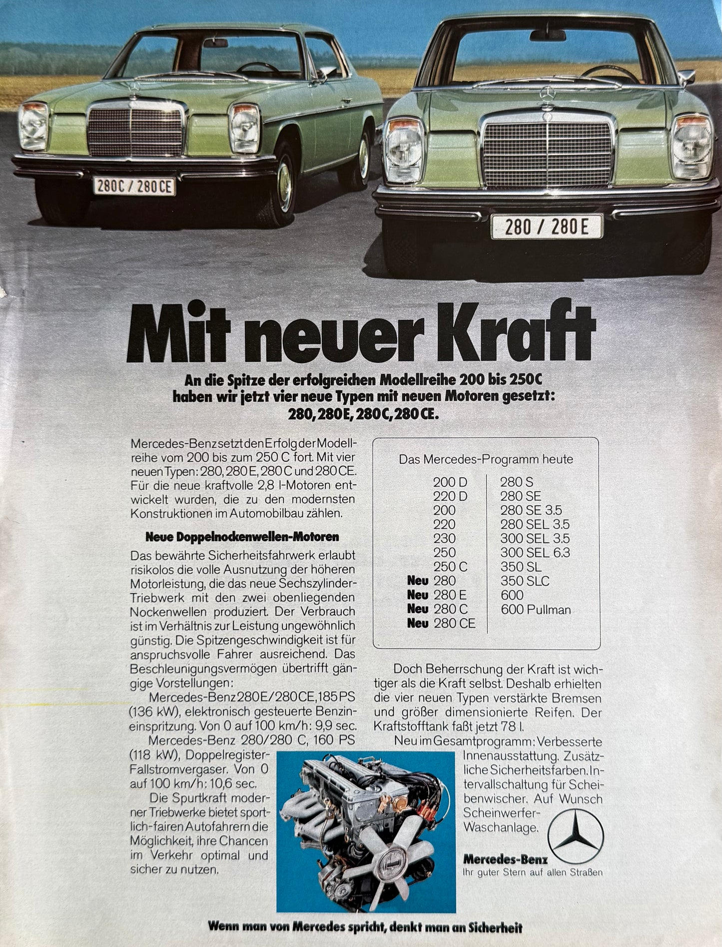 Mercedes-Benz W114 W115 W108 W109 – “Mit neuer Kraft” Orijinal Dönem Reklam Sayfasıdır (Sonradan Baskı Değildir).