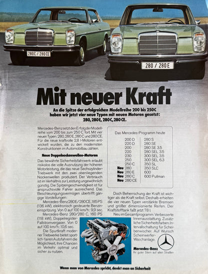 Mercedes-Benz W114 W115 W108 W109 – “Mit neuer Kraft” Orijinal Dönem Reklam Sayfasıdır (Sonradan Baskı Değildir).