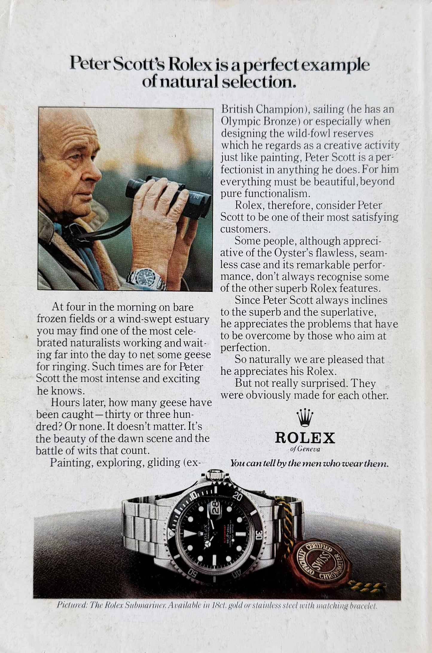 Rolex Submariner – “Natural Selection” Peter Scott Reklamı Orijinal Dönem Dergi Sayfasıdır (Sonradan Baskı Değildir).
