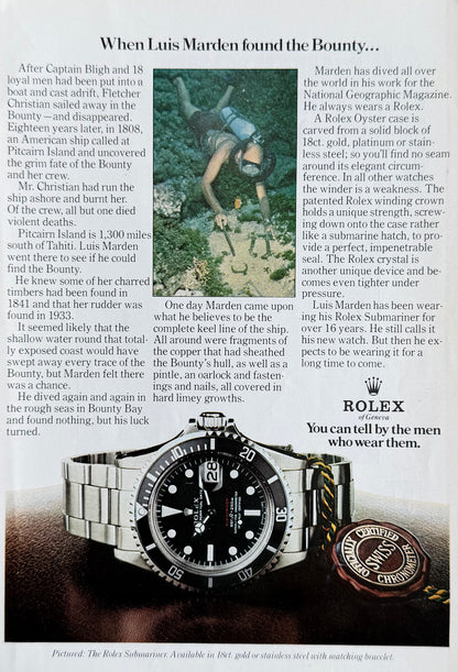 Rolex Submariner Red Sub – “When Luis Marden Found the Bounty…” Orijinal Dönem Reklam Sayfasıdır (Sonradan Baskı Değildir).