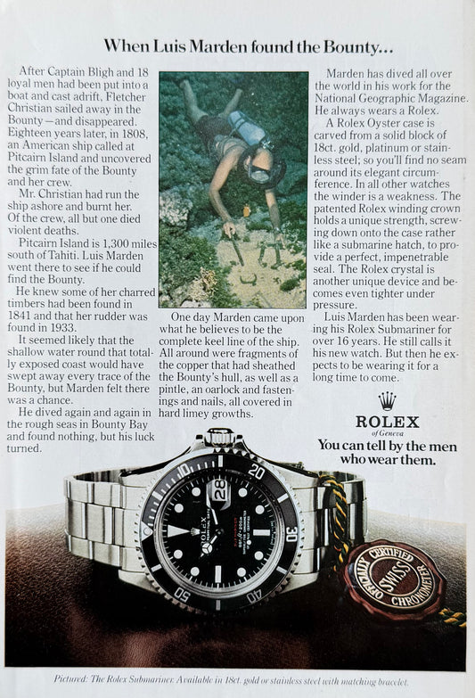 Rolex Submariner Red Sub – “When Luis Marden Found the Bounty…” Orijinal Dönem Reklam Sayfasıdır (Sonradan Baskı Değildir).