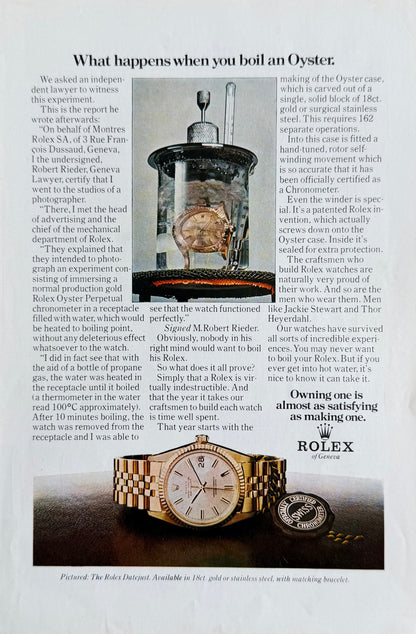 Rolex Oyster Perpetual Datejust Gold – “What Happens When You Boil an Oyster” Orijinal Dönem Reklam Sayfasıdır (Sonradan Baskı Değildir).