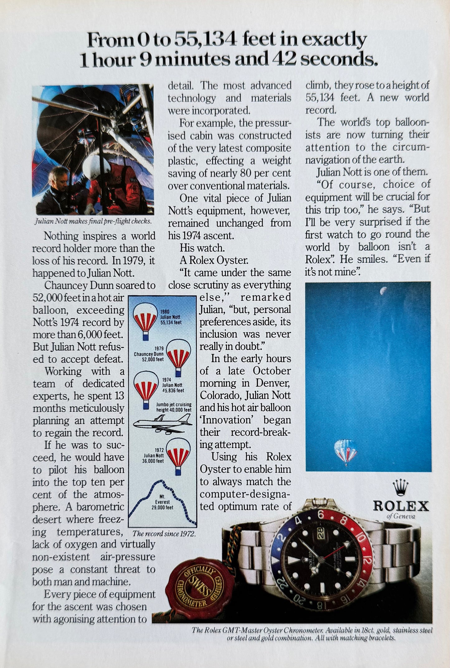 Rolex GMT Master Pepsi – “From 0 to 55,134 Feet…” Orijinal Dönem Reklam Sayfasıdır (Sonradan Baskı Değildir).