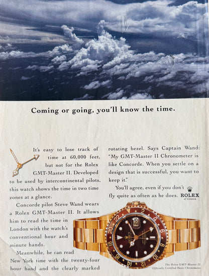 Rolex GMT Master II Gold – Concorde Pilot “Coming or Going, You’ll Know the Time.” Orijinal Dönem Reklam Sayfasıdır (Sonradan Baskı Değildir).