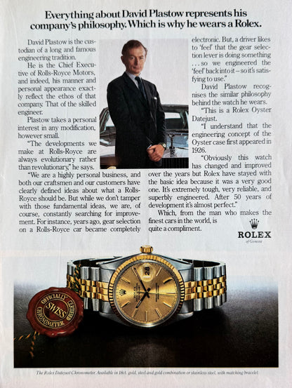 Rolex Datejust – Everything About David Plastow Represents Orijinal Dönem Reklam Sayfasıdır (Sonradan Baskı Değildir).