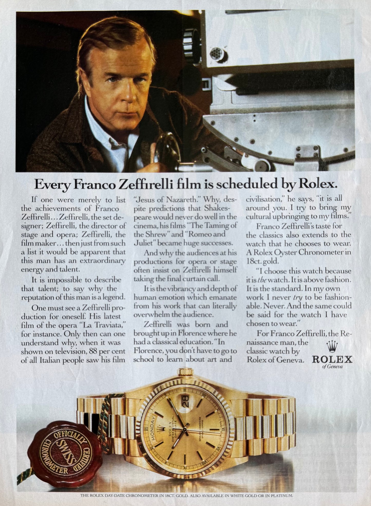 Rolex Day-Date – “Every Franco Zeffirelli Film Is Scheduled by Rolex.” Orijinal Dönem Reklam Sayfasıdır (Sonradan Baskı Değildir).
