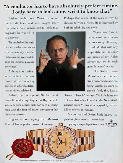 Rolex Oysterquartz Day-Date – Lorin Maazel Orijinal Dönem Reklam Sayfasıdır (Sonradan Baskı Değildir).