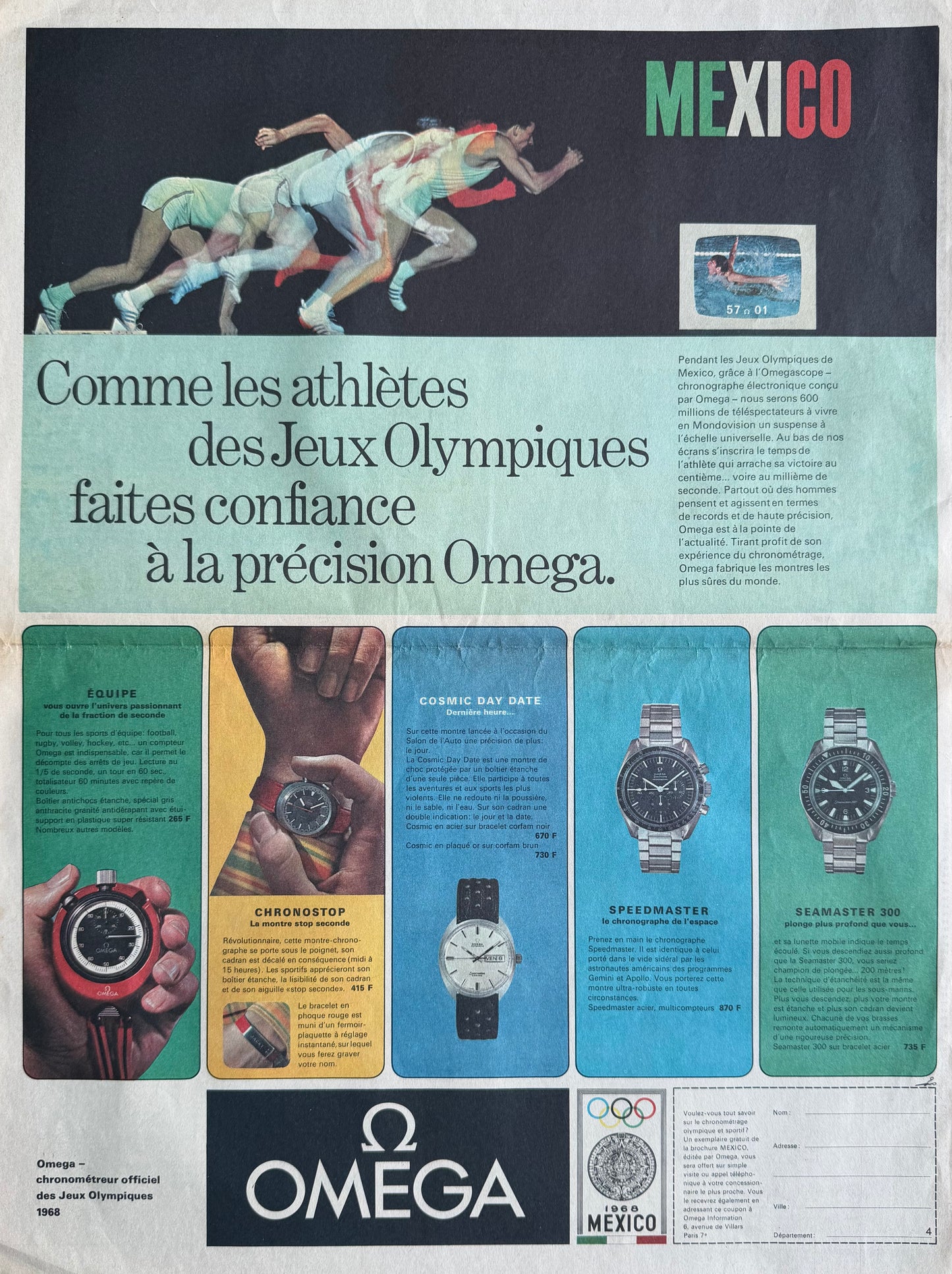 Omega & Mexico 1968 Olimpiyatları - Orijinal Dönem Reklam Sayfasıdır (Sonradan Baskı Değildir).