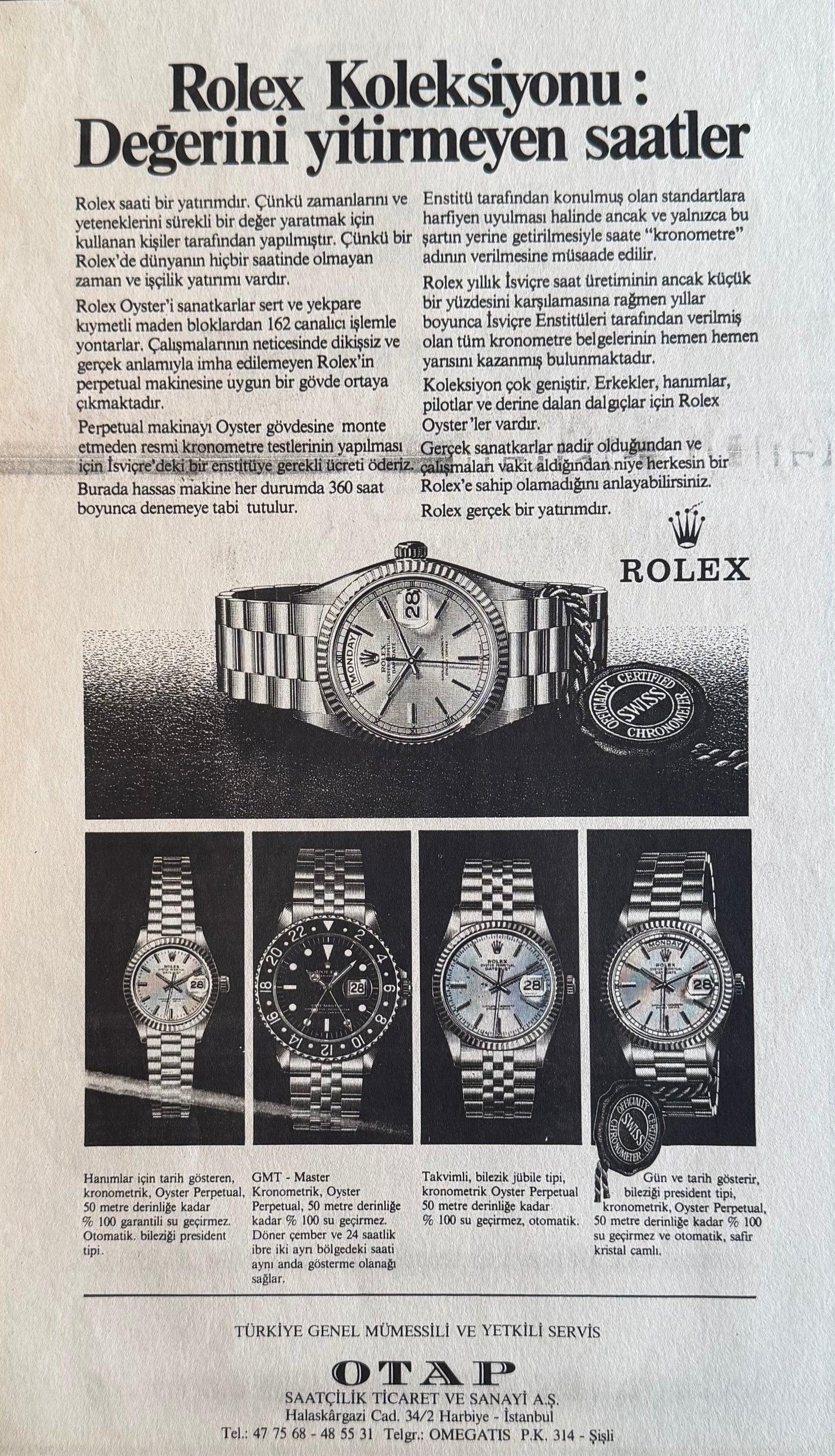 Rolex Koleksiyonu: Değerini Yitirmeyen Saatler. 1981 Yılı Orijinal Türkiye Dönem Reklamıdır (Sonradan Baskı Değildir)