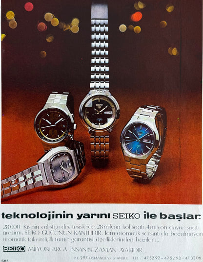 Seiko Koleksiyonu “Teknolojinin Yarını Seiko ile Başlar” 1976 Orijinal Türkiye Dönem Reklamıdır (Sonradan Baskı Değildir).