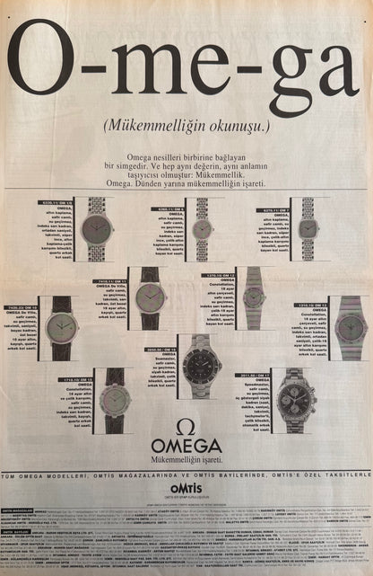 Omega – “O-me-ga / Mükemmelliğin Okunuşu” Orijinal Türkiye Tam Sayfa Gazete Reklamıdır (Sonradan Baskı Değildir).