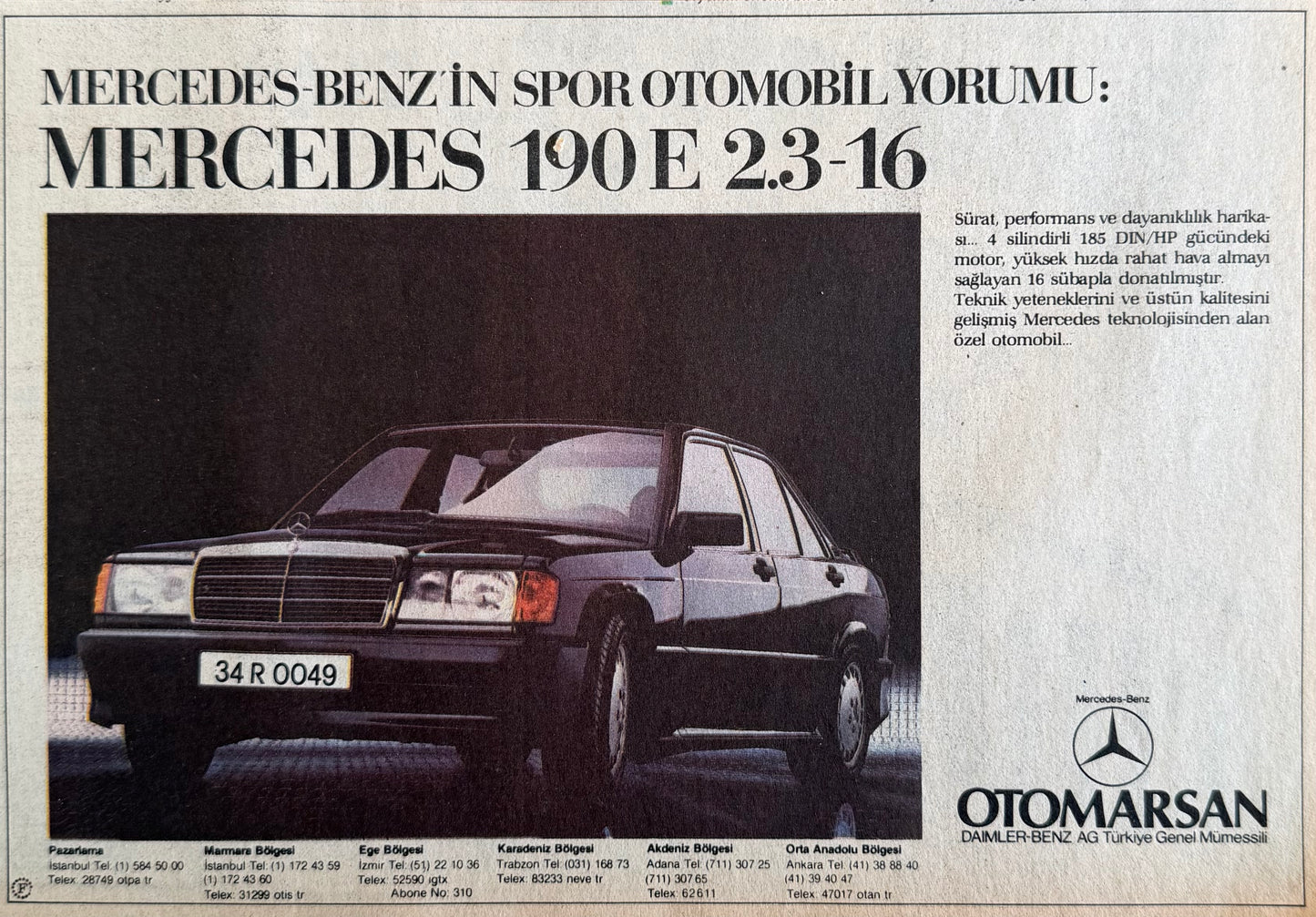 Mercedes-Benz 190E 2.3-16 Renkli 1985 Orijinal Türkiye Reklam Sayfasıdır (Sonradan Baskı Değildir).