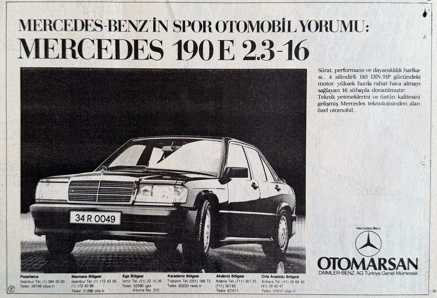 Mercedes-Benz 190E 2.3-16 Siyah-Beyaz 1985 Orijinal Türkiye Reklam Sayfasıdır (Sonradan Baskı Değildir).