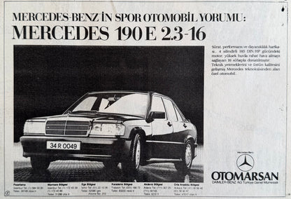 Mercedes-Benz 190E 2.3-16 Siyah-Beyaz 1985 Orijinal Türkiye Reklam Sayfasıdır (Sonradan Baskı Değildir).