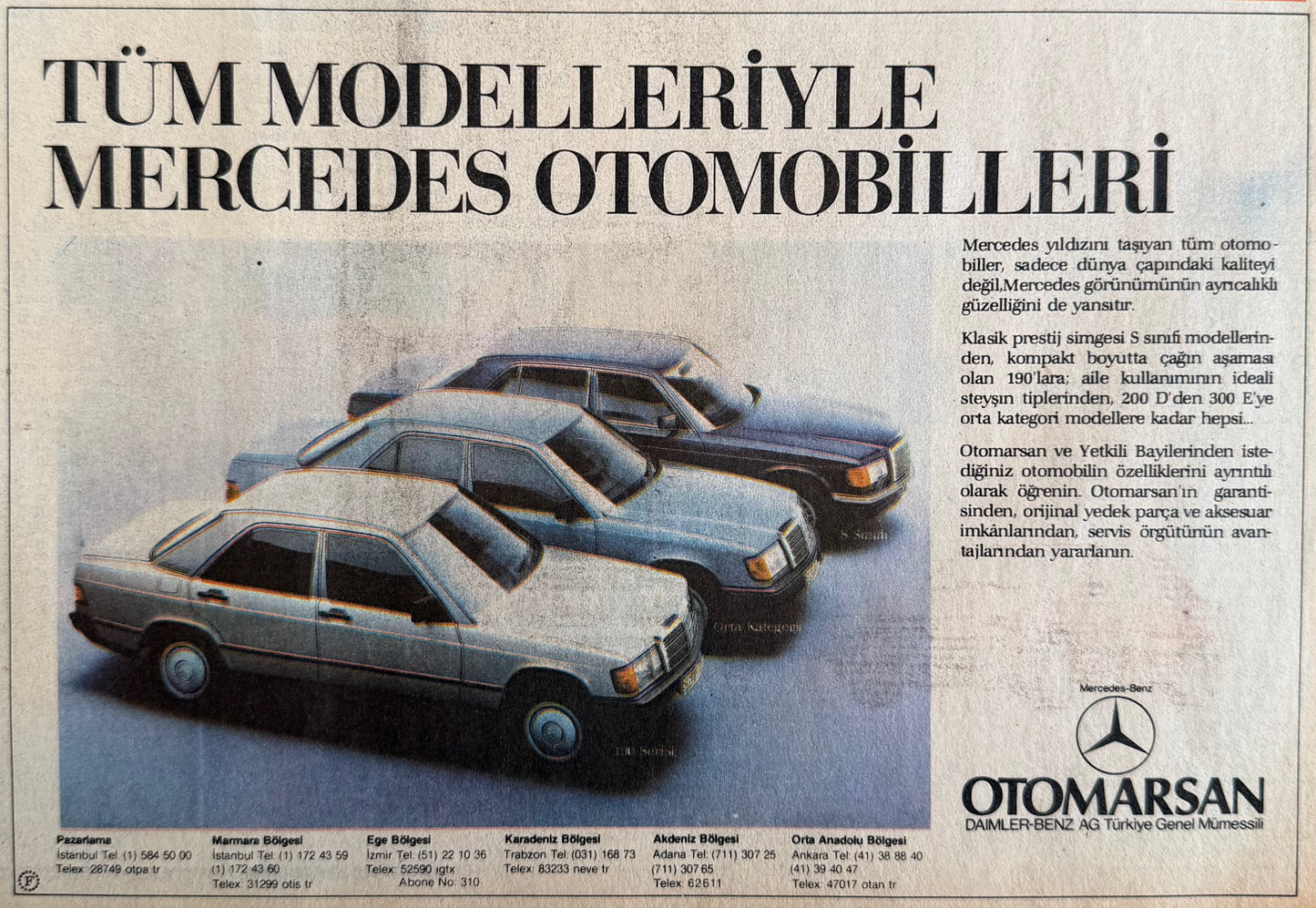 Mercedes-Benz – “Tüm Modelleriyle Mercedes Otomobilleri”  1985 Orijinal Türkiye Reklam Sayfasıdır (Sonradan Baskı Değildir).