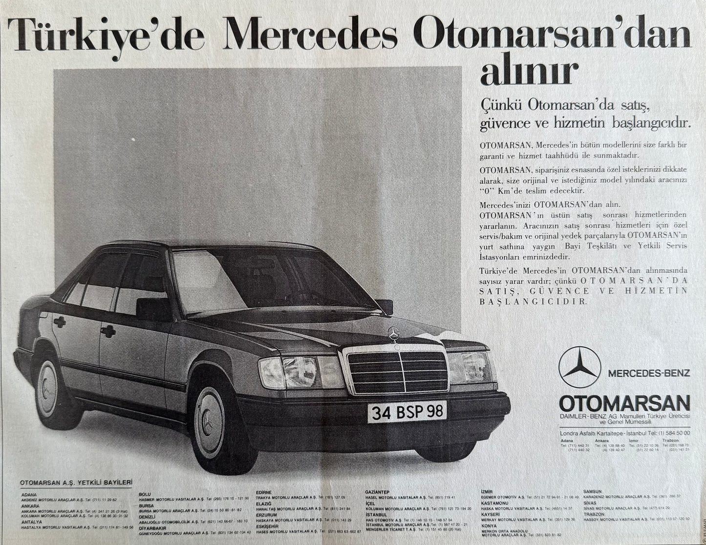 Mercedes-Benz – “Türkiye’de Mercedes Otomarsan’dan Alınır” 1988 Orijinal Türkiye Reklam Sayfasıdır (Sonradan Baskı Değildir).