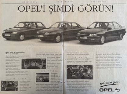 Opel – “Opel’i Şimdi Görün!” Dev Boy Orijinal Türkiye Çift Sayfa Gazete Reklamıdır (Sonradan Baskı Değildir).