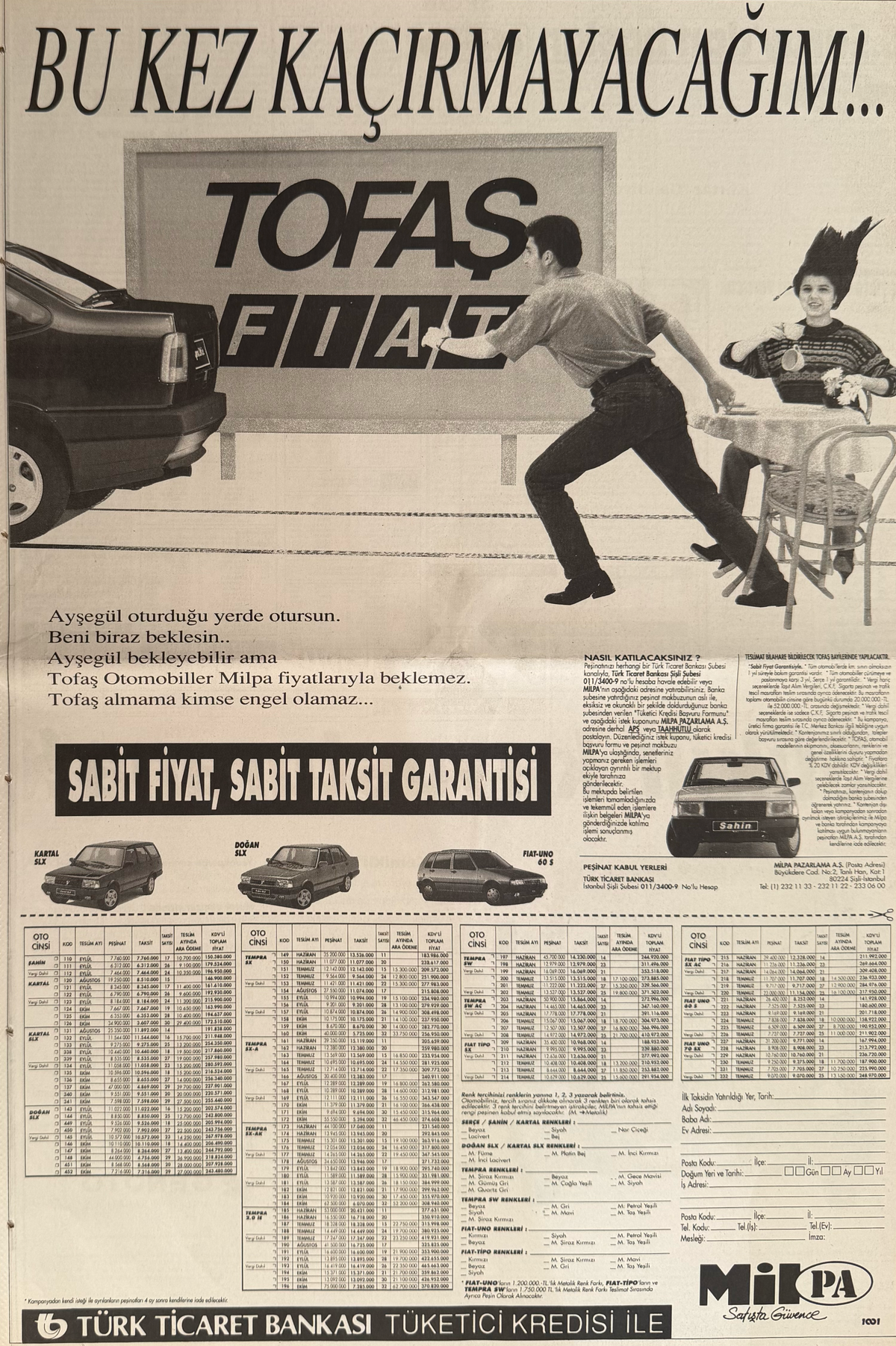 Tofaş Fiat Kartal SLX, Doğan SLX ve Fiat Uno Türkçe Orijinal Dönem Reklamıdır (Sonradan Baskı Değildir)